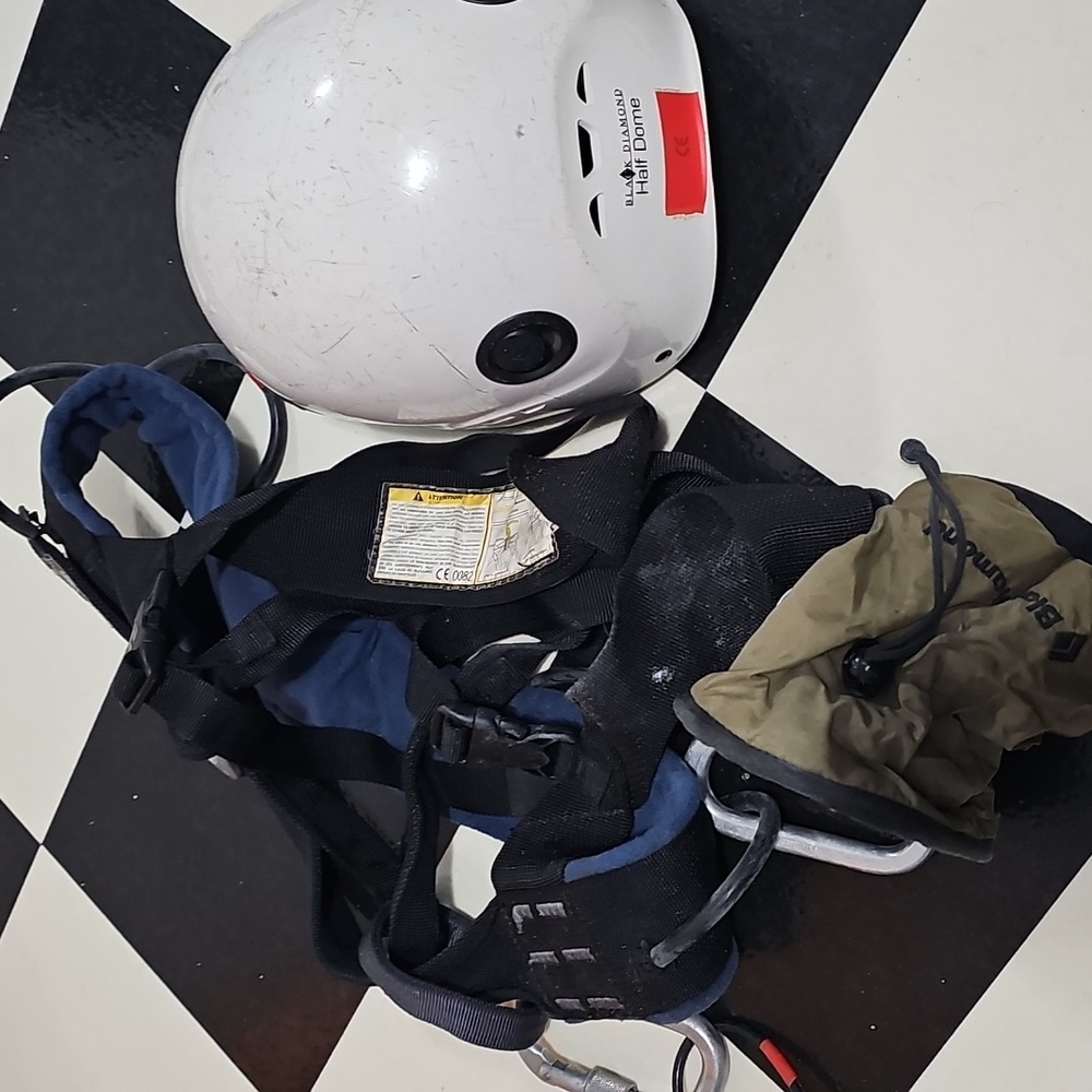Black Diamond White Helmet and Black Harness Half Dome Rock Climbing Chalk Bag